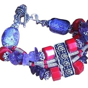 Coral, amethyst & silver, bracelet JTS28